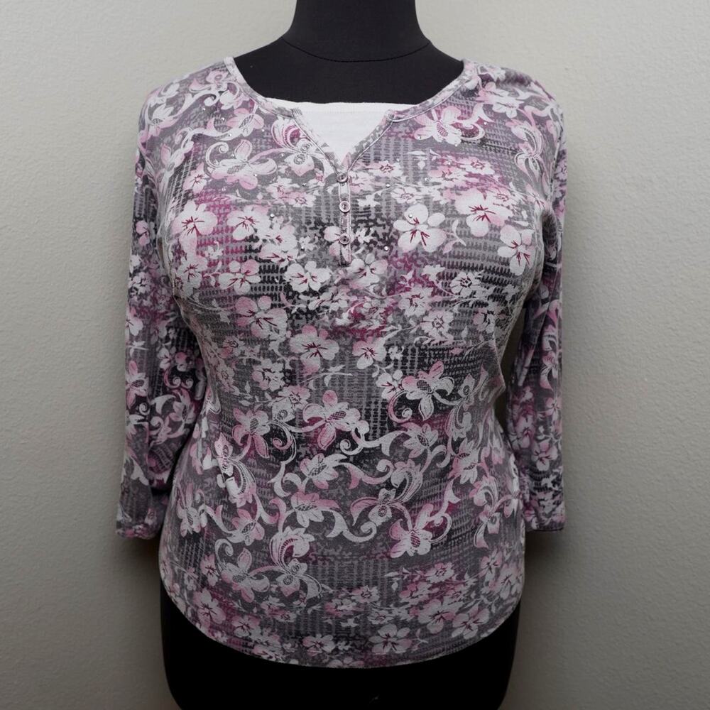 Basic Editions Floral Henley Top Plus Size 2X